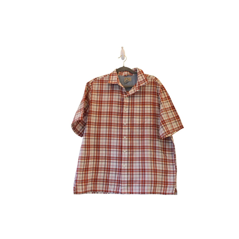 L.L. Bean Plaid Button Down Mens Medium Red Orange Short Sleeve Excellent Cotton
